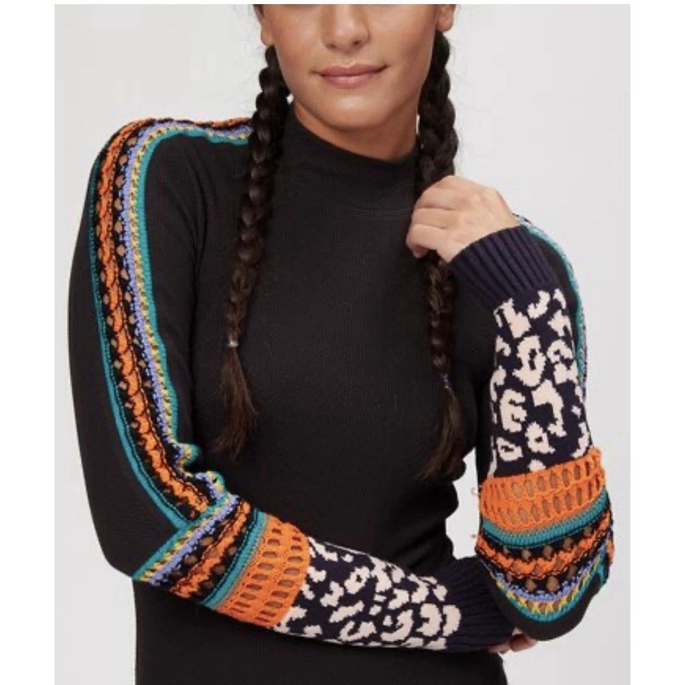 Free People Switch It Up Thermal Top Women Small Black Mixed Media Indie Layer